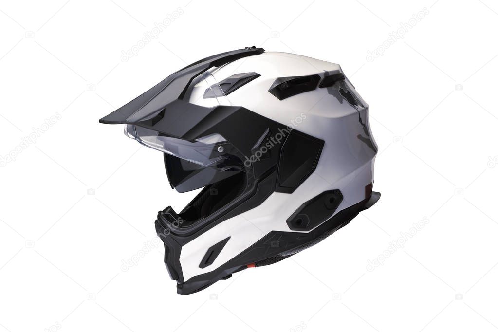 Side view full face Motorcycle white helmet, open the face shield use to protect the head from injuries. Isolated image with white background