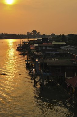 Nehir kenarında sahil topluluğu. Dikey renkli görüntü.