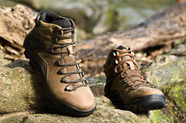 Pair of shoe on timber. Brown leather hiking boot on wood. clipart