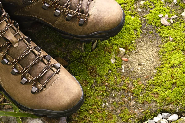 Close Pari Bruinleren Wandelen Laarzen Groene Mos Horizontale Kleurenafbeelding — Stockfoto