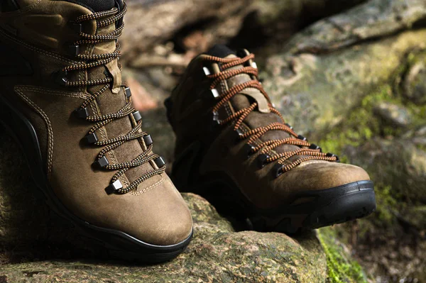 Paar Schoen Hout Bruin Lederen Wandelen Boot Hout — Stockfoto