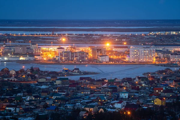 Vista Aérea Yakutsk Horizonte Yakutia Com Lago Beloe Crepúsculo Bonito — Fotografia de Stock