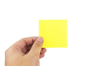 yapışkan notlar holding insan eller beyaz arka plan üzerinde yaratıcı kavramı kırpma yoluyla kağıt.