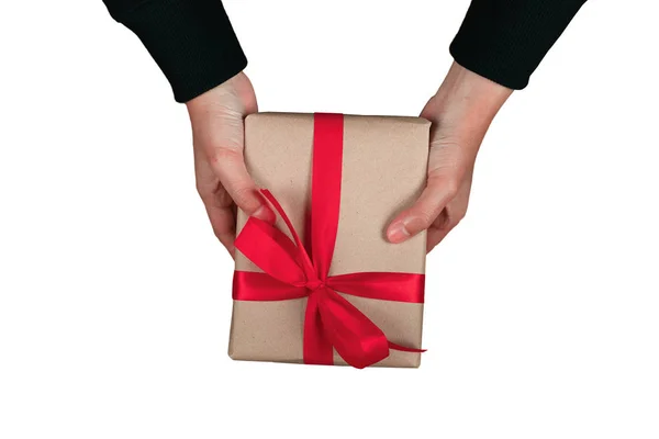 Bonus Mänskliga Mannen Hand Närvarande Brown Present Box Fluga Red — Stockfoto