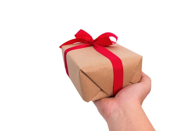 Bonus Human Man Hand Give Present Brown Gift Box Bow — 图库照片