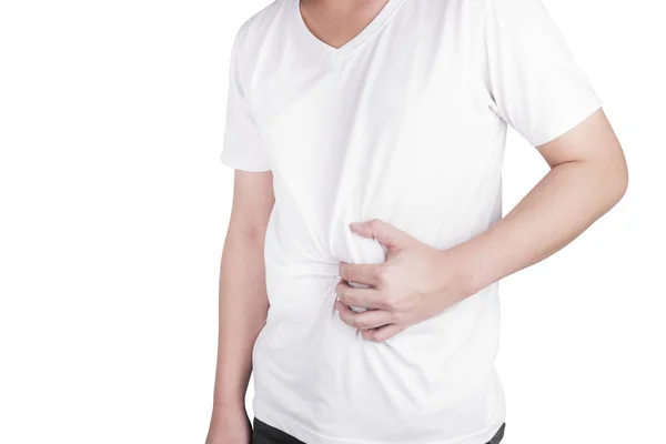 アジア系の若い男性は 胃潰瘍から苦しんでいます ピロリ菌細菌医療と健康問題の概念の白い背景 クリッピング パスの分離の感染によって胃炎が発生しました — ストック写真