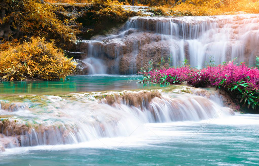 Colorful autumn landscape Beautiful waterfall amidst the rich and beautiful rainforest in Asia, Thailand nature concept background