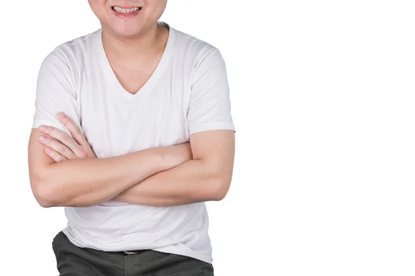 Hermoso Joven Asiático Vistiendo Una Camiseta Blanca Pie Con Los — Foto de Stock