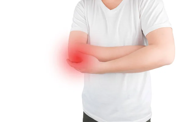Handsome Young Asian Wearing White Shirt Elbow Joint Pain Healthcare — Stock Photo, Image