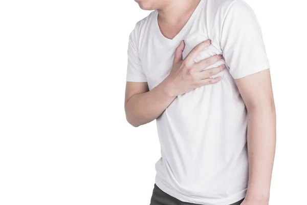 アジア人の男性は 彼らの心を保持するために手を使用します 心臓病からの痛みを示す心臓発作症状健康 医療概念白い背景 クリッピング パスの分離します — ストック写真