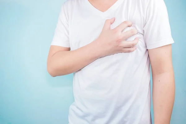 Asian Men Use Hands Hold Hearts Showing Pain Heart Disease — Stock Photo, Image