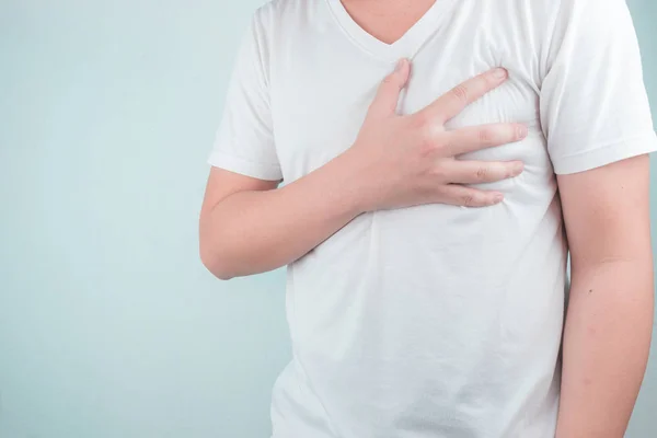 Asian Men Use Hands Hold Hearts Showing Pain Heart Disease — Stock Photo, Image