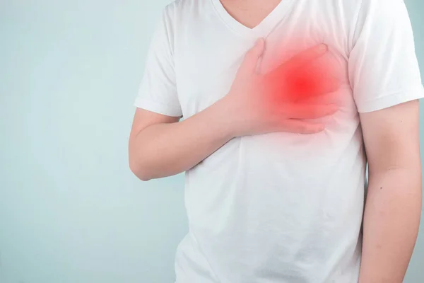 Asian Men Use Hands Hold Hearts Showing Pain Heart Disease — Stock Photo, Image