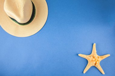 hasır şapka ve denizyıldızı üst mavi bir arka plan üzerinde boşaltmak görüntülemek