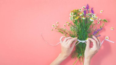 Eller kır çiçekleri buketi pembe bir arka plan üzerinde şifalı otlar kopya alanı üstten görünüm toplamak..