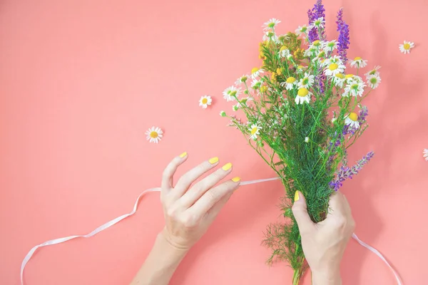Eller kır çiçekleri buketi pembe bir arka plan üzerinde şifalı otlar kopya alanı üstten görünüm toplamak.