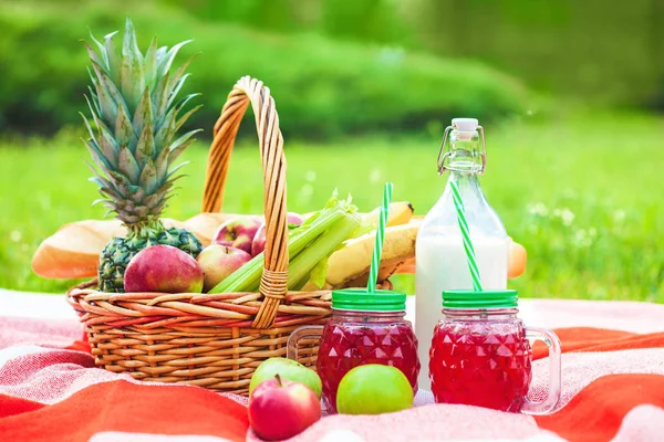 picnic basket, fruit, juice in small bottles, apples, pineapple summer, rest, plaid grass Copy space