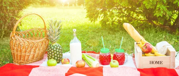 picnic basket, fruit, juice in small bottles, apples, milk, pineapple summer, rest, red plaid grass Copy space Banner