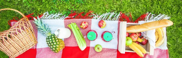 picnic basket, fruit, juice in small bottles, apples, milk, pineapple summer, rest, plaid, grass Copy space Banner Top view