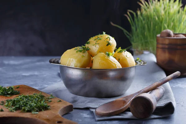Hot boiled potatoes in a plate dusted with greens and smoke on a gray background Copy space