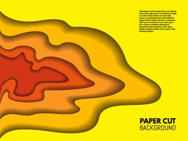 Renk Kağıt arka plan kes. Kırmızı ve sarı gölgeler katmanlarla. Modaya uygun bir tasarım şablonu. Zemin turuncu şekilleri ile. Vektör çizim.