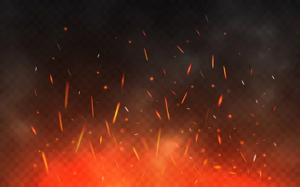 火を火花を散らす 透明な背景に輝く粒子 現実的な火と煙 赤と黄色の光の効果 ベクトル図 — ストックベクタ