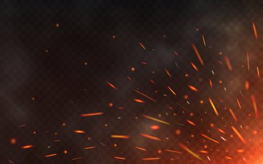 Fire sparks flying up on transparent background. Smoke and glowing particles on black. Realistic lighting sparks with bokeh effect for design. Vector illustration. clipart