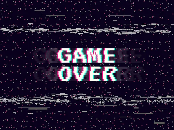 Game over glitch background. Retro game backdrop. Glitched lines noise. VHS effect for your design. Pixel inscription. Modern vector illustration.