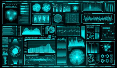 Fütüristik Kullanıcı arabirimi kümesi. HUD. Gelecekteki Infographic öğeleri. Teknoloji ve bilim tema. Analiz sistemi. Tarama grafikleri ve dalgalar. Vektör çizim.