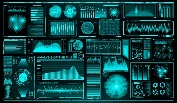 Fütüristik Kullanıcı arabirimi kümesi. HUD. Gelecekteki Infographic öğeleri. Teknoloji ve bilim tema. Analiz sistemi. Tarama grafikleri ve dalgalar. Vektör çizim.