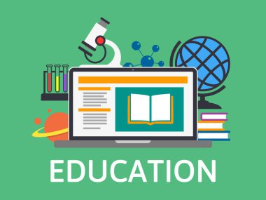 Online eğitim ve eğitim. E-öğrenme kavramı. Modern teknoloji tasarım. Online kitap. Düz vektör kavramı eğitim.