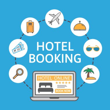 Online otel rezervasyon. Laptop ile tatil kutsal kişilerin resmi. Tatil tatil kavramı. Konaklama kiralama. Kitap simgesini ekran düğmesi ve yatak. Vektör çizim.