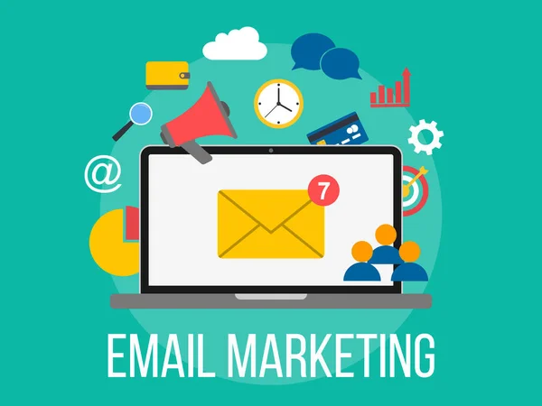 Email Marketing Concept Laptop Envelope Screen Flat Design Illustration Business — Stock Vector