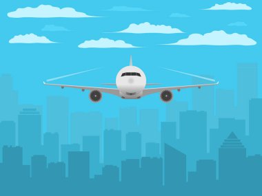 Uçak şehir silueti önünde. Gerçekçi uçak ve şehir arka plan. Büyük kent üzerinde uçan uçak. Mavi gökyüzü ve bulutlar. Vektör çizim.