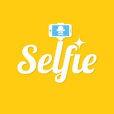 Alarak selfie fotoğraf. Selfie sopa tasarım konsepti. Sarı zemin üzerine selfie etiket. Vektör çizim.
