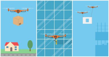 Uçağı uzaktan kumanda ile kümesi. Drone'dır, yıkama, inşaat. Şehir üzerinde uçan. Düz afiş, vektör çizim.