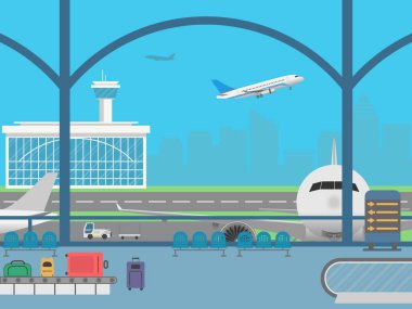 Havaalanı terminal. Bekleme odası. Alan endişelenmemiz gereken şeylermermiler ve uçan uçak ile