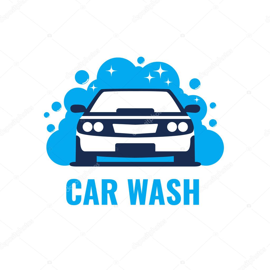 Car Wash Logo on light background. Clean car in bubbles and water. Template Design Vector.