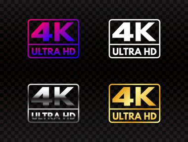 4K Ultra HD şeffaf arkaplan seti. Yüksek çözünürlüklü simge koleksiyonu. Altın ve gümüşten yapılmış UHD sembolü. 4K çözünürlük renk işareti. Koyu arkaplanda tam HD video etiketi. Vektör illüstrasyonu.