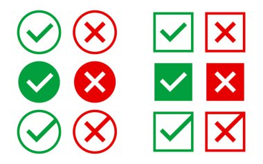 Beyaz arkaplandaki ikonlar onaylandı ve reddedildi. Yeşil ve kırmızı işaretler. Doğru ve yanlış semboller. Web tasarımı veya uygulaması için daire veya kare işaretli işaretle. Vektör illüstrasyonu.
