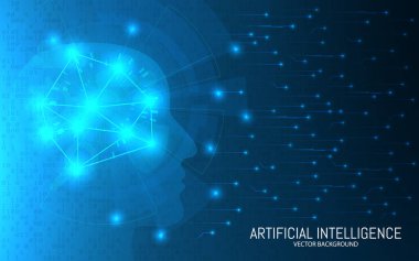 Yapay zeka konsepti. Soyut fütüristik geçmiş. Büyük veri tasarımı. İkili arkaplanda bağlantıları olan bir kafa. Dijital beyin teknolojisi. Vektör illüstrasyonu.