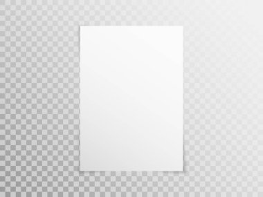 Saydam arkaplanda kağıt sayfası boş. Gerçekçi boş A4 modeli. Kitap ya da dergi için beyaz şablon. Yumuşak gölgeli, dikey, temiz bir broşür. Vektör illüstrasyonu.