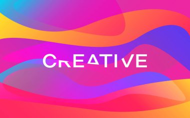 Yaratıcı. Renk tasarımı. Modern renkli poster. Beyaz yazıtlı parlak dalgalar. Moda soyut arka plan. Turuncu ve mor renkler. Vektör illüstrasyonu.