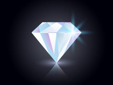 Koyu arkaplanda elmas. Siyah üzerine izole edilmiş parlak değerli taş. Gerçekçi renkli bir mücevher. Dergi, reklam ve poster için lüks öğeler. Yansımalı renkli mücevher konsepti. Vektör illüstrasyonu.