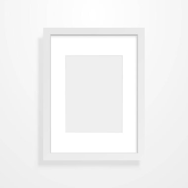 Işık arkaplanındaki çerçeve modeli. Dikey boş resim. Duvarda gerçekçi bir dikdörtgen. Oda içi nesne şablonu. Beyaz kenarlı temiz fotoğraf. Vektör illüstrasyonu.