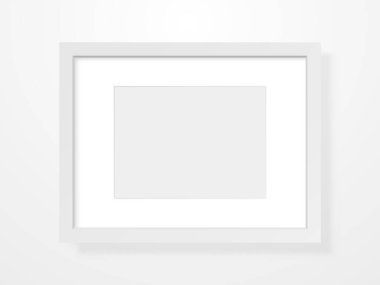Işık arkaplanındaki gerçekçi çerçeve. Resim şablonu boş. Duvarda temiz bir dikdörtgen modeli var. Beyaz kenarlı boş fotoğraf. Oda içi nesne. Vektör illüstrasyonu.
