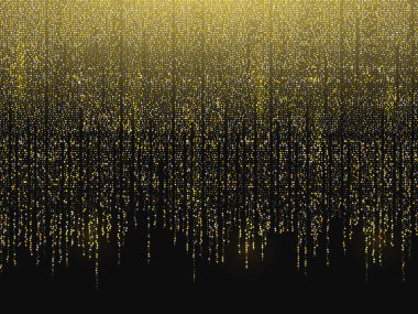 Parlak arkaplan. Altın çelenkler düşüyor. Noel arkaplanı. Siyah bir arka planda altın kıvılcımlar. Lüks kutlamalar şablonu. Altın dikey çizgiler. Vektör illüstrasyonu.