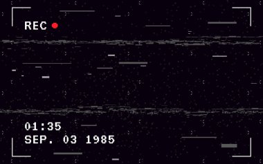 Görüntü bulucu şablonu. Eski VHS video kamera. Siyah zemin üzerinde beyaz yatay çizgiler. Sinyal yok ve rastgele bozulmalar var. Geri sarma etkisi. Vektör illüstrasyonu.