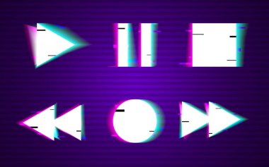 Arızalı düğmeler. Minimum tasarım. Çal, geri sar, dur, duraklat, plak koleksiyonu elemanları. VHS, çarpıtma sesiyle şekillenir. Hatalı hatlarla geçmişe dönüş. Eski televizyon efekti. Vektör illüstrasyonu.