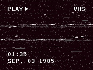 Arızalı kamera etkisi. Retro VHS arka planı. Eski video şablonu. Sinyal yok. Kaseti geri sar. Vektör illüstrasyonu.